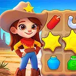 카우보이 모자를 쓴 여자 아이가 다양한 아이콘이 있는 퍼즐 보드 앞에 서 있는 모습