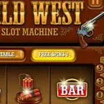 와일드 웨스트 슬롯 머신 화면으로, 권총과 다이너마이트, 바(Bar) 심볼이 포함되어 있습니다