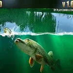 낚싯줄에 매달린 물고기와 그 아래에서 수영하는 커다란 물고기