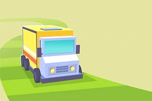 카툰 스타일의 노란색 트럭이 푸른 잔디길을 달리고 있는 모습