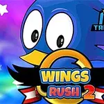파란색 새가 별 무늬의 배경 앞에 있으며 Wings Rush 2라는 텍스트가 중앙에 있는 이미지