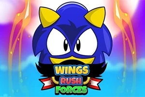 파란색과 노란색 뿔을 가진 캐릭터의 얼굴이 중앙에 있고, 아래에 WINGS RUSH FORCES라는 텍스트가 있는 이미지