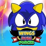 파란색과 노란색 뿔을 가진 캐릭터의 얼굴이 중앙에 있고, 아래에 WINGS RUSH FORCES라는 텍스트가 있는 이미지