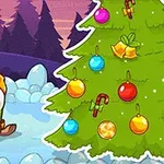 겨울 배경에서 스키를 타는 초록색 생물과 크리스마스 트리