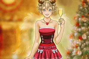 금발의 여성이 루돌프 머리띠를 쓰고 빨간 드레스를 입고 샴페인 잔을 들고 있는 모습