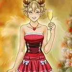 금발의 여성이 루돌프 머리띠를 쓰고 빨간 드레스를 입고 샴페인 잔을 들고 있는 모습