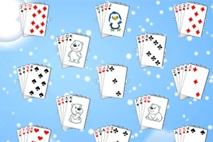 파란색 배경에 카드 더미가 흩어져 있으며, 각 카드에는 다양한 동물 그림과 숫자가 그려져 있습니다