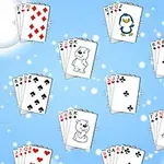 파란색 배경에 카드 더미가 흩어져 있으며, 각 카드에는 다양한 동물 그림과 숫자가 그려져 있습니다