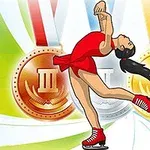 피겨 스케이팅 선수와 금, 은, 동 메달이 배경에 있는 이미지