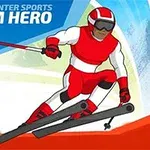 빨간색과 흰색으로 이루어진 스키복을 입고 슬라롬 경기를 펼치는 스키 선수의 일러스트 이미지