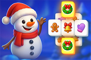 얼굴에 미소를 띤 눈사람이 산타모자와 빨간 목도리를 착용하고 있으며, 옆에는 크리스마스 장식 아이콘이 그려진 퍼즐 블록이 배열되어 있다