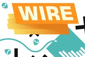 오렌지색 배경에 WIRE라는 글자가 쓰여 있고, 주위에 다양한 기하학적 도형과 선들이 있는 이미지