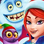 산타 모자를 쓴 빨간 머리 여성과 웃는 하얀 털의 괴물, 그리고 작은 보라색 생물