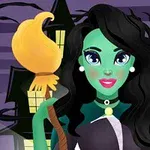 초록색 피부의 여자 마법사가 빗자루를 들고 있는 모습, 배경에는 어두운 하늘과 보름달이 보인다