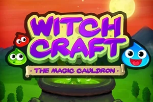 알록달록한 글자 Witch Craft와 The Magic Cauldron이 있는 초록빛 마법 가마솥 이미지, 배경에는 산과 달이 있음