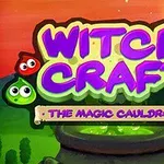 알록달록한 글자 Witch Craft와 The Magic Cauldron이 있는 초록빛 마법 가마솥 이미지, 배경에는 산과 달이 있음