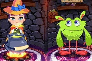 마녀 모자를 쓴 아이가 가마솥 옆에 서 있고, 옆에 초록색 몬스터가 있는 이미지