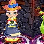 마녀 모자를 쓴 아이가 가마솥 옆에 서 있고, 옆에 초록색 몬스터가 있는 이미지