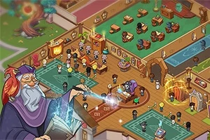 유니폼을 입은 마법사가 책에서 마법을 부리며 여러 인물이 모여 있는 판타지 실내 장면