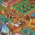 유니폼을 입은 마법사가 책에서 마법을 부리며 여러 인물이 모여 있는 판타지 실내 장면