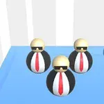 검은 정장과 빨간 넥타이를 착용한 세 개의 둥근 캐릭터들이 파란색 무대 위에 모여 있다