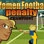 두 명의 여성 축구 선수가 경기를 준비하고 있으며, 한 선수가 공을 차서 골키퍼가 막으려고 하는 장면