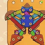 다양한 색상의 나무 조각들이 나사로 연결된 기하학적 모양