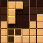 어두운 배경 위에 나무 블록 조각으로 구성된 격자 무늬가 있고, 빨간색과 노란색 보석이 박혀 있다