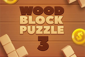 나무 질감의 배경 위에 WOOD BLOCK PUZZLE 3라는 글자가 중앙에 있고, 주변에 노란색 동전과 나무 블록이 배치되어 있다