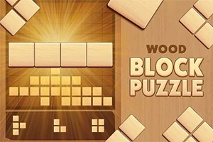 나무 블록 퍼즐 조각들이 배치된 이미지, 오른쪽에 WOOD BLOCK PUZZLE 텍스트가 있음