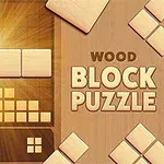 나무 블록 퍼즐 조각들이 배치된 이미지, 오른쪽에 WOOD BLOCK PUZZLE 텍스트가 있음