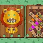 나무 판자 위에 나사로 고정된 나무로 만든 꿀벌, 사자, 그리고 다양한 색상의 리본이 얽혀 있는 작품