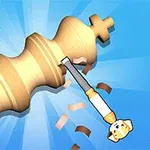 나무로 된 체스 말 조각상이 강아지 얼굴이 있는 도구에 의해 깎이고 있는 모습