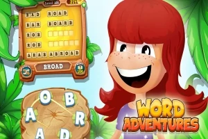 빨간 머리 캐릭터와 단어 퍼즐 목록, 그리고 WORD ADVENTURES 라고 적힌 텍스트가 있는 밝고 그림 같은 이미지