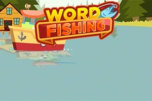 배가 호수에 떠 있고, 배경에 숲과 집이 있으며, 상단에 WORD FISHING 로고가 있음