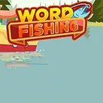 배가 호수에 떠 있고, 배경에 숲과 집이 있으며, 상단에 WORD FISHING 로고가 있음