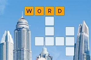 고층 빌딩이 있는 도시 배경 위에 주황색 타일에 WORD가 쓰여진 퍼즐