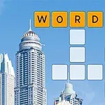 고층 빌딩이 있는 도시 배경 위에 주황색 타일에 WORD가 쓰여진 퍼즐