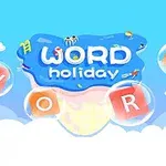 파란색 하늘과 구름 배경 위에 WORD와 holiday라는 단어가 물놀이 테마의 글자로 디자인되어 있는 이미지