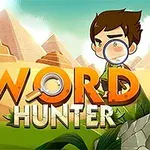 피라미드 배경 앞에 돋보기를 든 어린 소년과 WORD HUNTER라는 텍스트가 있는 이미지