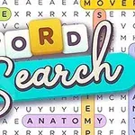 색색의 단어들이 포함된 워드 서치 퍼즐 배경과 WORD SEARCH라는 텍스트가 중앙에 강조됨