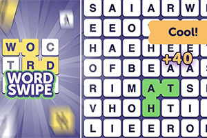 단어 퍼즐 게임 화면으로, 왼쪽에는 WORD SWIPE라는 제목이 있고 오른쪽에는 단어들이 격자 모양으로 배열되어 있으며, 특정 단어들이 강조 표시되어 있다