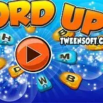 파란 배경에 WORD UP라는 큰 텍스트와 작은 알파벳이 흩어져 있고, 중앙에 재생 버튼이 있는 이미지