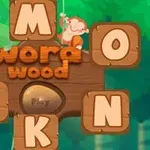 나무 배경에 나무 블록에 적힌 글자들와 원숭이가 있는 이미지