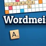 파란색 배경에 Wordmeister라는 글자와 스크래블 보드 일부, 문자 타일 A, B가 보인다
