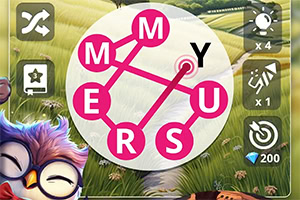 분홍색 선으로 연결된 알파벳 M, Y, E, R, S, U가 원 안에 표시된 퍼즐 이미지와 주변에 여러 가지 아이콘과 배경이 보임