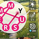 분홍색 선으로 연결된 알파벳 M, Y, E, R, S, U가 원 안에 표시된 퍼즐 이미지와 주변에 여러 가지 아이콘과 배경이 보임