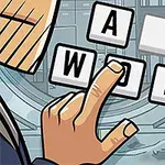 손가락이 글자 타일 A, W, O, R, D를 조합하여 단어를 만드는 장면