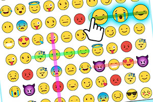 이모티콘이 가득한 화면에 손가락 커서가 미소 짓는 이모티콘을 가리키고 있습니다