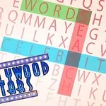 배경에 다양한 색상의 단어들이 교차하고 있으며 아래쪽에는 HOLLYWOOD STARS라는 글자가 보입니다